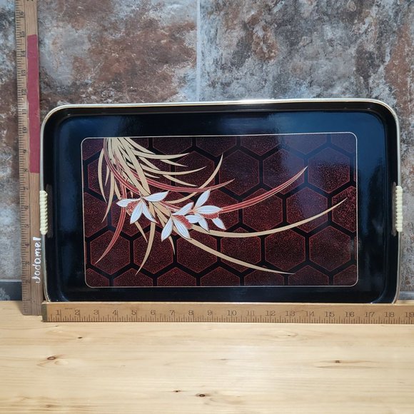 VTG Lacquer Beverage Serving Tray Barware Rectangular Square Black Enamel Floral - Picture 7 of 13